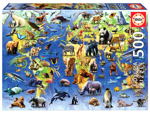 Puzzle 500 el. Mapa świata (100 zagrożonych gatunków zwierząt)