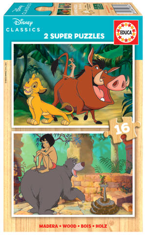 Puzzle 2 x 16 el. Król Lew / Księga dżungli (drewniane)