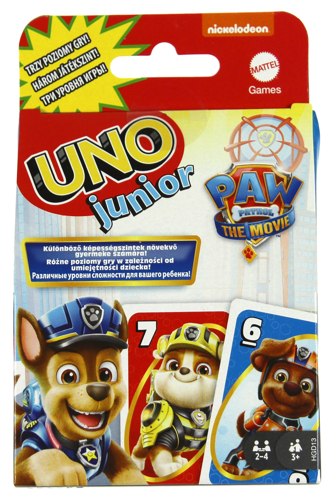 Jogo UNO Junior inspirado em Patrulha Pata: O Filme Poderoso. Níveis de jogo  crescentes para crianças +3 anos.